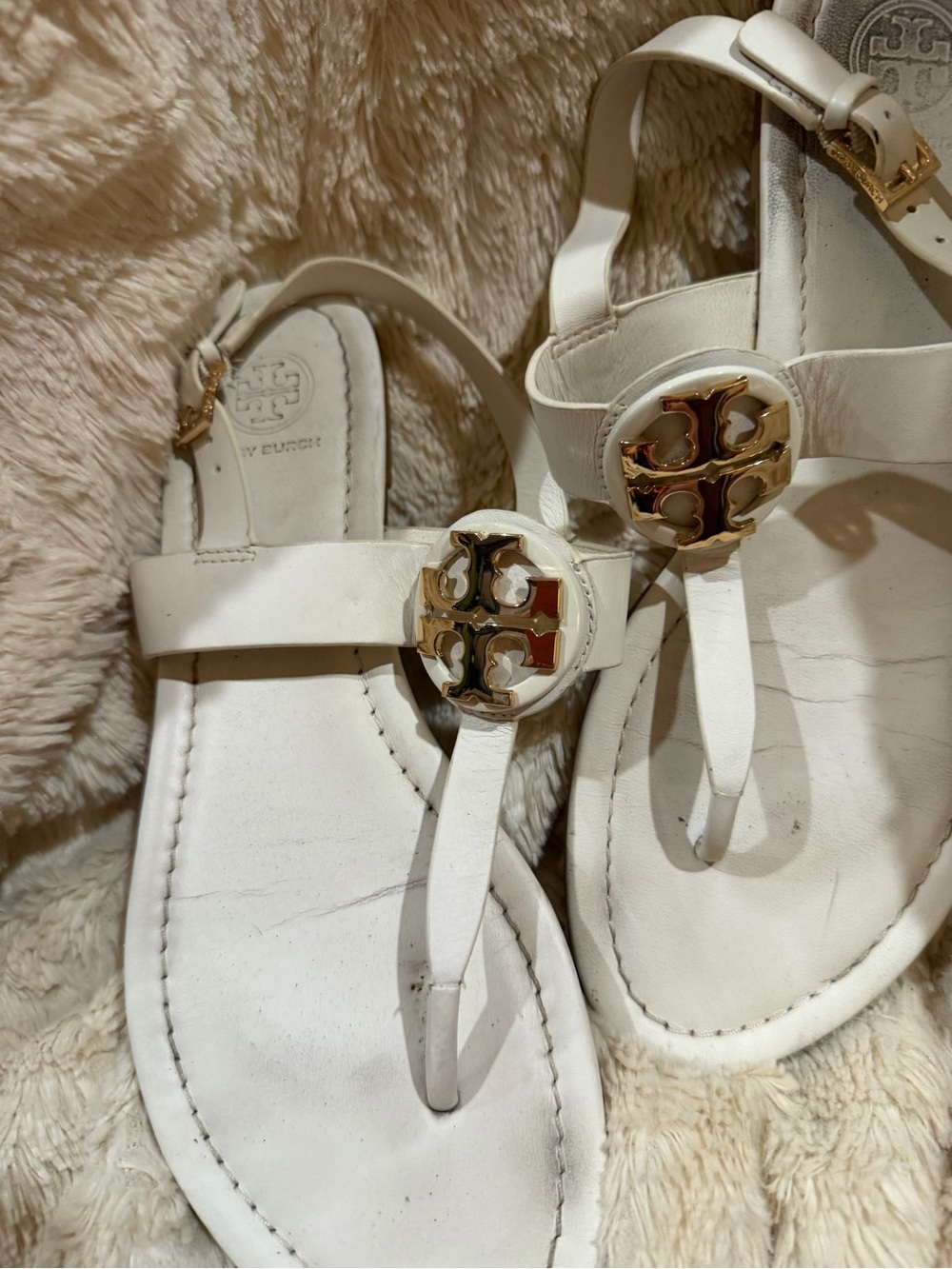 Tory Burch White Leather Logo Thong Sandals with Gold Emblems